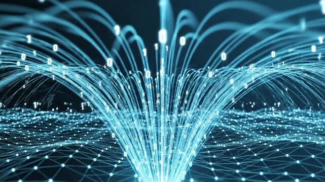 Digital Network Data Flowing Upwards with Binary Code and Glowing Particles in Blue Futuristic Landscape