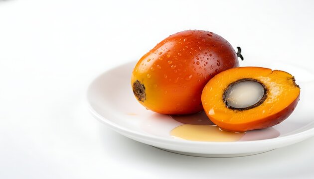 Fresh palm oil fruit and half with oil on a white plate