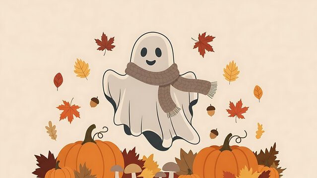 Cute ghost holding pumpkin and candy corn isolated on a transparent background