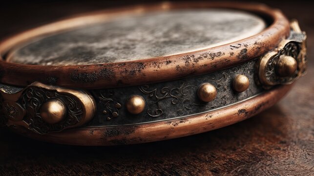 An ancient, ornate frame drum showcases weathered skin and metallic embellishments on its rustic wooden rim.