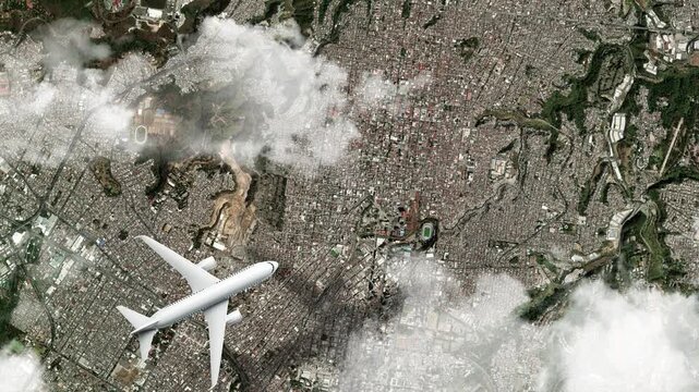 Airplane Flying over Metropolitan Cathedral, Guatemala City, Guatemala and Clouds. Aerial Airplane Scenes. Jet Flying Over Historic Cathedral and City Skyline. Aerial City Animation &ndash; Vox Style Map An