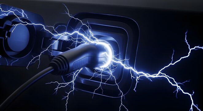 Glowing EV Charging Port with Electric Arc Energy &ndash; Futuristic Electric Vehicle Connector Close-Up on Dark Background