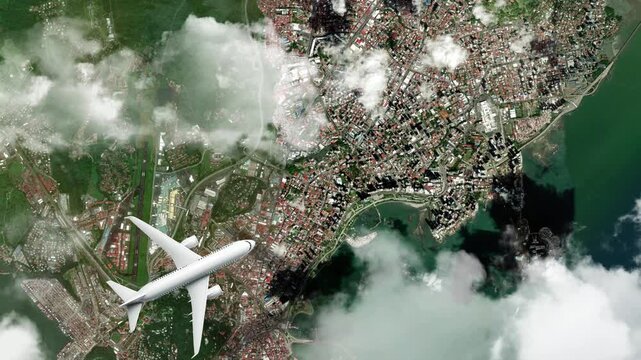 Airplane Flying over Panama Canal, Panama City, Panama and Clouds. Aerial Airplane Scenes. Jet Flying Over Historic Canal and City Skyline. Aerial City Animation &ndash; Vox Style Map Animation in 4K
