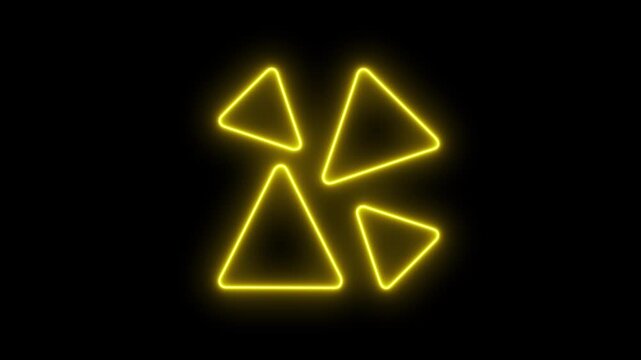 Four glowing yellow triangles forming abstract shape against a black background, 4K animation triangle neon geometric light energy triangle neon geometric light energy