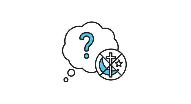 Question mark thought bubble over crossed out religious symbols, concept of doubt or questioning faith