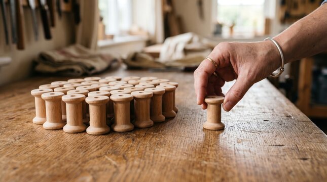 Close up of a skilled artisan's hand carefully placing a single wooden spool onto a rustic wooden workbench surrounded by a neatly arranged collection of identical spools conveying a sense
