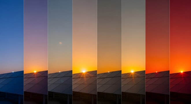 Solar Panels Tracking Sun Across Sky &ndash; Time-Lapse Composite Dawn to Dusk in Six-Frame Horizontal Strip