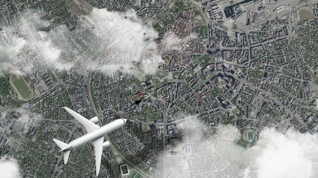 Airplane Flying over Toompea Castle, Tallinn, Estonia and Clouds. Aerial Airplane Scenes. Jet Flying Over Historic Castle and City Skyline. Aerial City Animation &ndash; Vox Style Map Animation in 4K