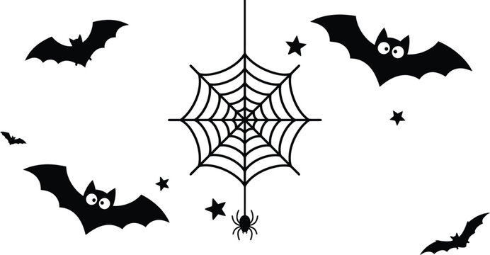 Halloween bats and spiderweb silhouette on white background