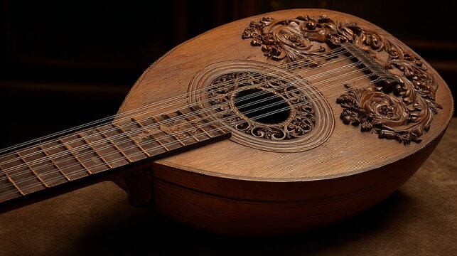 An antique ornate mandolin with intricate carvings rests on a textured surface, showcasing its artistic craftsmanship beautifully.