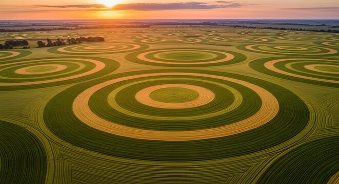 Perfect Geometric Farm Circles in Green and Gold Fields &ndash; Abstract Drone Agricultural Landscape