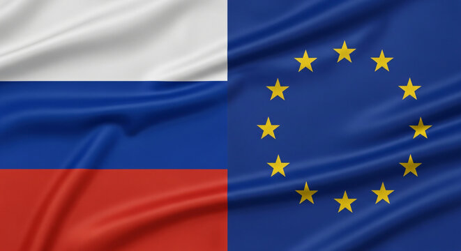 Split Screen Russia And European Union Flags Fabric Texture Diplomatic Theme JPG