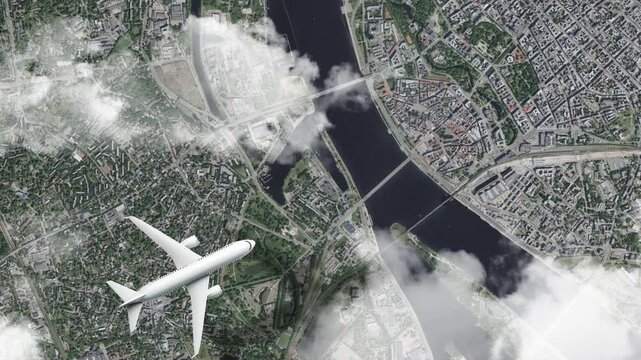 Airplane Flying over House of the Blackheads, Riga, Latvia and Clouds. Aerial Airplane Scenes. Jet Flying Over Historic Landmark and City Skyline. Aerial City Animation &ndash; Vox Style Map Animation in 4K