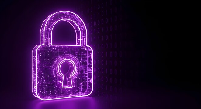 Glowing purple digital padlock icon with binary code on dark background