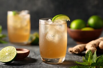 Fototapeta premium Moscow Mule Cocktail with Ginger and Lime on Dark Background