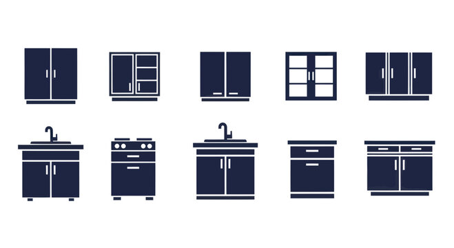 Kitchen Cabinet and Appliance Icons Set, Modern Flat Design