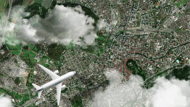 Airplane Flying over Dragon Bridge, Ljubljana, Slovenia and Clouds. Aerial Airplane Scenes. Jet Flying Over Iconic Bridge and City Skyline. Aerial City Animation &ndash; Vox Style Map Animation in 4K