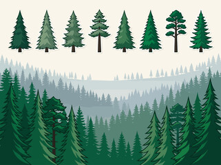 Fototapeta premium Set of Pine Tree Vector Icons and Misty Coniferous Forest Landscape with Foggy Mountains Background for Nature and Outdoor Design Projects