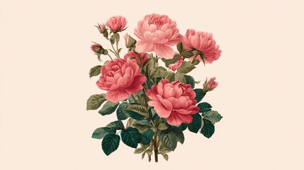 A beautiful vintage illustration of a lush bouquet of pink roses and green leaves on a simple background. © Harry