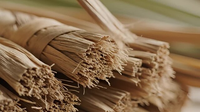 Closeup of bundled dried natural reeds tied with twine.