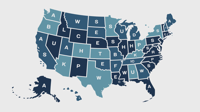 United States Map with Individual States and Stylized Alphabet Lettering for Data Visualization and Educational Infographic