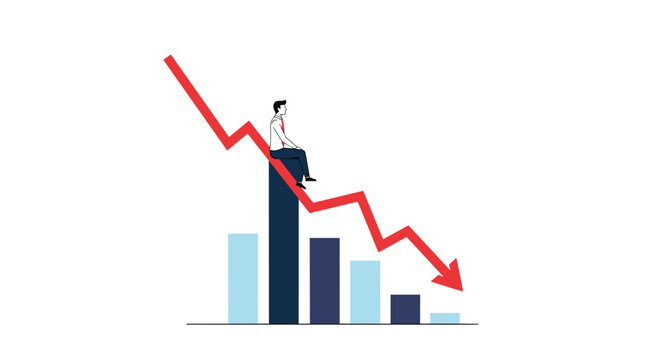 Businessman sitting on a red arrow pointing downwards over a bar chart to represent business decline and a severe financial crisis.