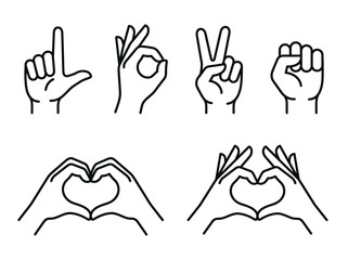 Fototapeta premium Minimalist Hand Gesture Line Art Icons Set featuring Heart Shape Peace Sign Okay Gesture Fist and L Symbol for Non-Verbal Communication Concepts