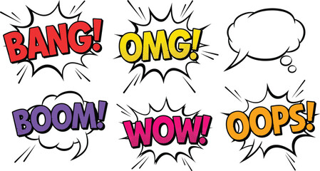 Collection of colorful comic book style speech bubbles with expressive sound effect text and blank spaces © ShababHussen