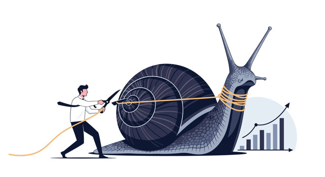 Determined businessman uses large scissors to cut a rope tied around a giant snail to symbolize overcoming obstacles and increasing speed.