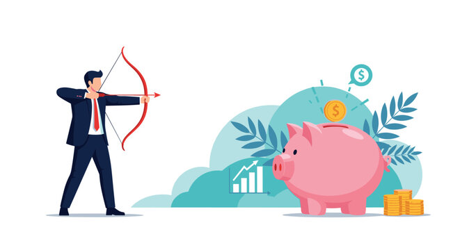 Businessman aims a red arrow with a bow at a giant pink piggy bank to represent targeted savings and focused financial investment.