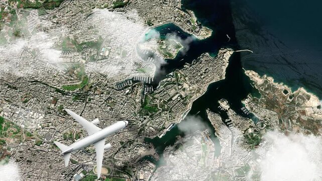 Airplane Flying over St. John's Co-Cathedral, Valletta, Malta and Clouds. Aerial Airplane Scenes. Jet Flying Over Historic Cathedral and City Skyline. Aerial City Animation &ndash; Vox Style Map Animation 