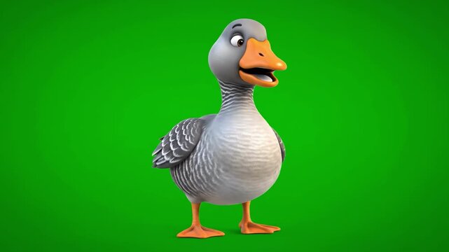 A cheerful cartoon goose standing on a green background, perfect for use in children's media or advertising.