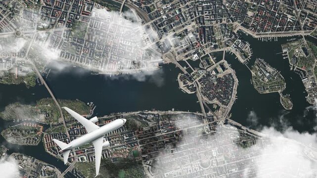 Airplane Flying over Gamla Stan (Old Town), Stockholm, Sweden and Clouds. Aerial Airplane Scenes. Jet Flying Over Historic Old Town and City Skyline. Aerial City Animation &ndash; Vox Style Map Animation 4k