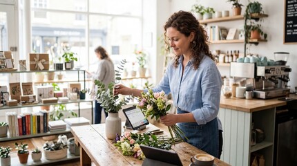 Fototapeta premium Woman Florist Arranging Bouquet in Charming Flower Shop.