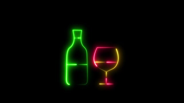 The animated Wine Glass and a bottle of wine, neon glowing 4k animation on black background The motion graphics video .