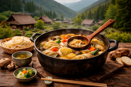 A steaming iron pot of traditional Gunma Okkirikomi, featuring wide, flat wheat noodles simmered in a savory soy or miso-based broth with seasonal vegetables like daikon, carrots, and shiitake mushroo