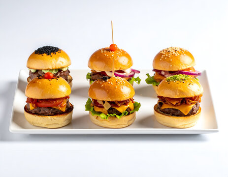 Six gourmet mini burgers on a white serving platter studio shot with bright lighting