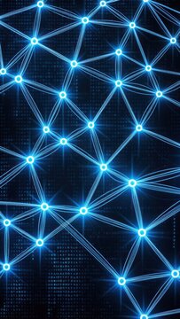 abstract blue digital landscape with glowing binary code and network connections