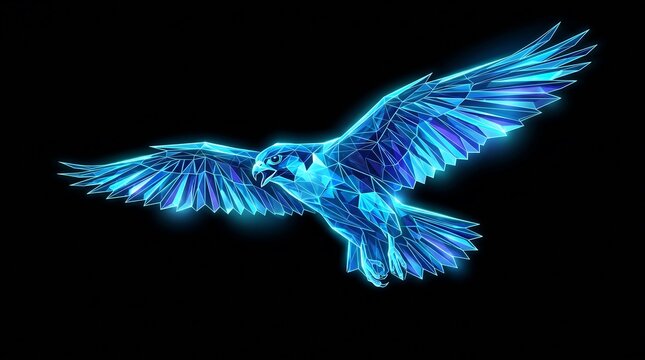 Glowing blue falcon in mid flight with spread wings