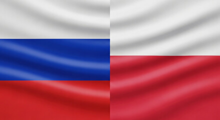 Obraz premium Split Screen Russia And Poland Flags Fabric Texture Diplomatic Theme JPG
