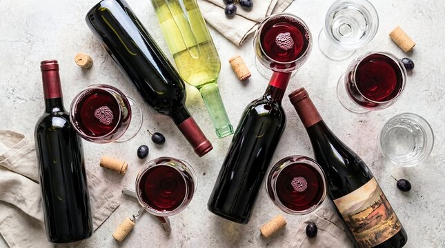 Top view wine bottles and glasses on table tasting setup