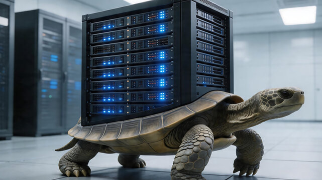 Server rack in a data center with glowing blue indicator lights, symbolizing cloud computing and information technology.
