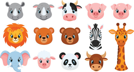 Fototapeta premium Colorful Cartoon Wild and Farm Animal Face Collection with Lion, Elephant, Giraffe, Panda, Zebra, Bear, Cow, and Sheep Vector Icons.