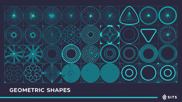geometric wireframe shapes in a grid layout on dark background