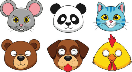 Fototapeta premium Cute Animal Face Masks Collection Featuring Mouse, Panda, Cat, Bear, Dog, and Chicken in Cartoon Vector Style for Kids Craft and Party Design.