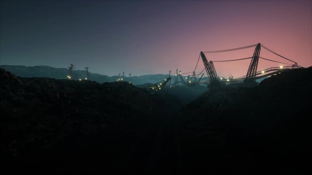 Industrial Open Pit Mine With Large Dragline Excavators And Machinery At Sunset