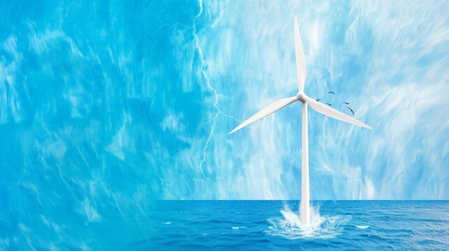 Wind turbine stands strong in stormy sea. Lightning flashes behind white blades. Turbine resists fierce weather with calm design. Scene shows renewable energy's resilience. Great for green tech