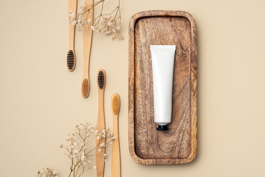 Eco Bamboo Toothbrushes and Toothpaste Flat Lay Minimal Sustainable Concept
