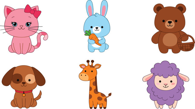 Cute Cartoon Animal Collection Featuring Cat, Rabbit, Bear, Dog, Giraffe, and Sheep in Adorable Flat Vector Style for Kids Nursery Design Illustration.