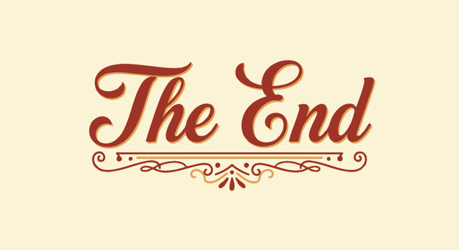 Ornate 'The End' text in a vintage script with decorative flourishes on a light cream isolated background, indicating a classic movie or story finale.